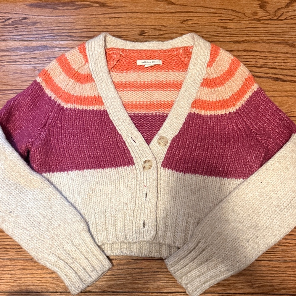 American Eagle Outfitters Women's Striped Cardigan - Pink, Orange, Cream